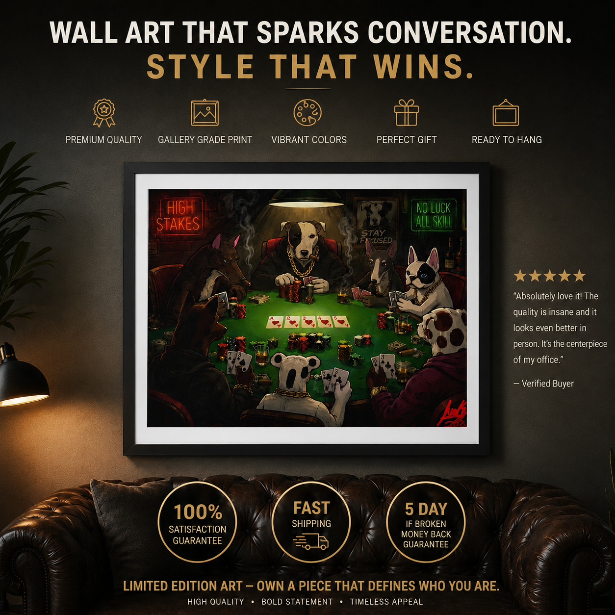 Framed canvas world tournament doggy poker - Juanky Studio